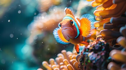 Clownfish swimming in coral reef with blue water. Marine life concept.