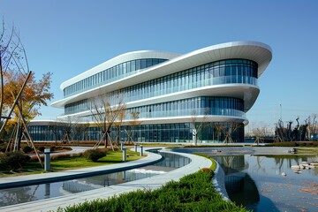 A building with a curved walkway next to a pond and trees in front of it and a few ducks in the