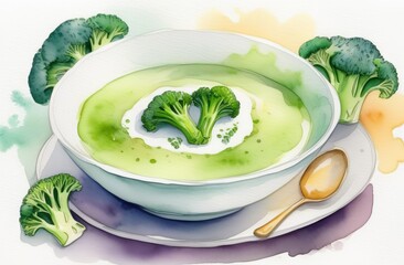 Broccoli soup puree in white bowl, watercolor style - 787195786