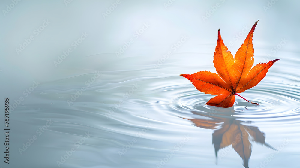 Poster one bright orange maple leaf in water minimalistic autumn background copy space : generative ai