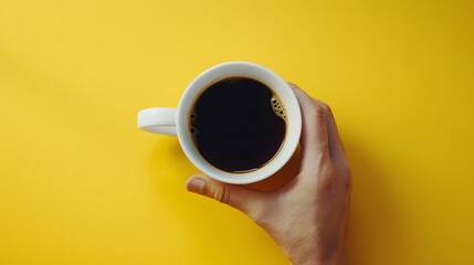 Hand of a man holding a white cup with hot black coffee on yellow background with copy space...