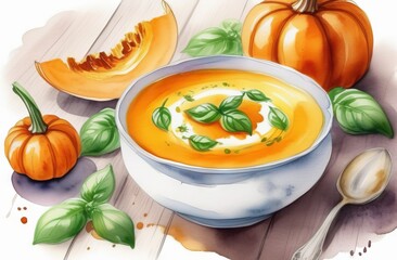 Pumpkin soup puree with basil in bowl, watercolor style - 787195943