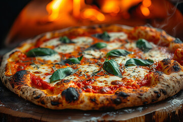 Neapolitan pizza with spices, tomatoes and cheese mozzarella on dark background. Italian cuisine pizza with mozzarella, tomato sauce, basil on a thick dough. - obrazy, fototapety, plakaty