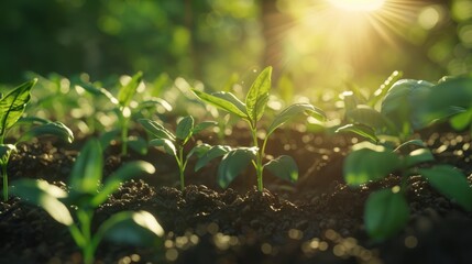 Seedlings thrive in fertile soil under the morning sunlight highlighting an ecological idea hyper realistic  - obrazy, fototapety, plakaty