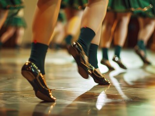 Several dancers perform a traditional Irish dance in honor of St. Patrick's Day. The emphasis is on...