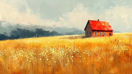 paint-like illustration of wooden house on summer rural meadow, generative Ai - obrazy, fototapety, plakaty