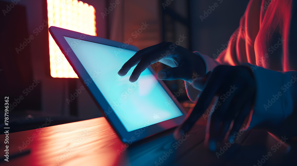 Fototapete person using tablet pad with copy space screen work at home online shopping online store branding ma