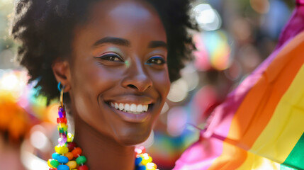 Portrait of a Smiling Black Woman with Rainbow Flag Celebrating Pride. Summer, Friends, Joyful Crowd. Diversity, Equality, Inclusion. Modern City, Urban Community, Empowerment. Fun, Positive Vibes