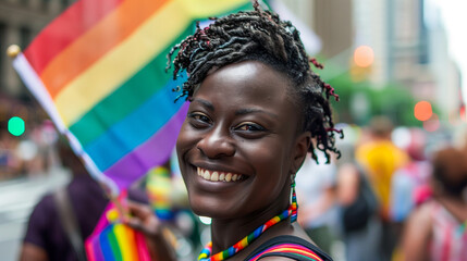 Portrait of a Smiling Black Woman with Rainbow Flag Celebrating Pride. Summer, Friends, Joyful Crowd. Diversity, Equality, Inclusion. Modern City, Urban Community, Empowerment. Fun, Positive Vibes