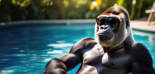Banner with gorilla in sunglasses in pool floats with space for text. Lazy vacation in tropical resort hotel, all inclusive, tourism, travel, vip vacation