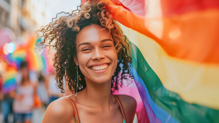 Portrait of a Smiling Young Woman with Rainbow Flag Celebrating Pride. Summer, Friends, Joyful Crowd. Diversity, Equality, Inclusion. Multicultural Urban Community, Empowerment. Fun, Positive Vibes