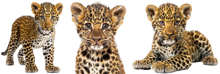 Naklejka premium leopard cub collection, standing, portrait and lying, isolated on a transparent background