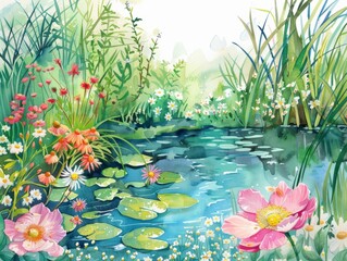Obraz na płótnie Canvas Spring flowers and pond. Watercolor illustration. Panorama 