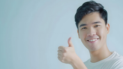 Asian man turn back for thumb up with happy smile emotion copy space : Generative AI