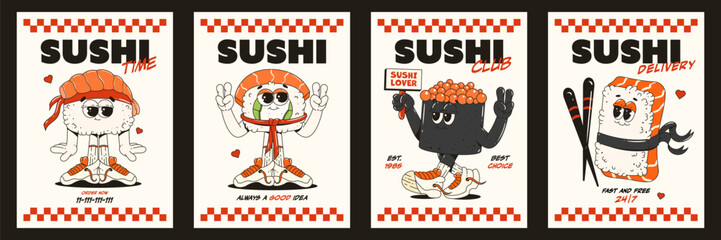 A set of cool sushi posters. Trendy retro groovy character style. Sushi roll delivery. Brochures for restaurants, bar, cafe.	