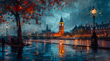 Fototapeta na wymiar Painting of London in the Rain in an abstract expression, generative Ai