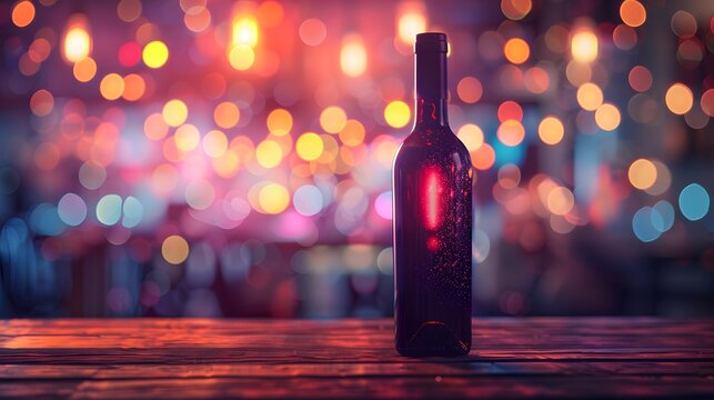 a bottle of wine standing on a counter with a soft bokeh background