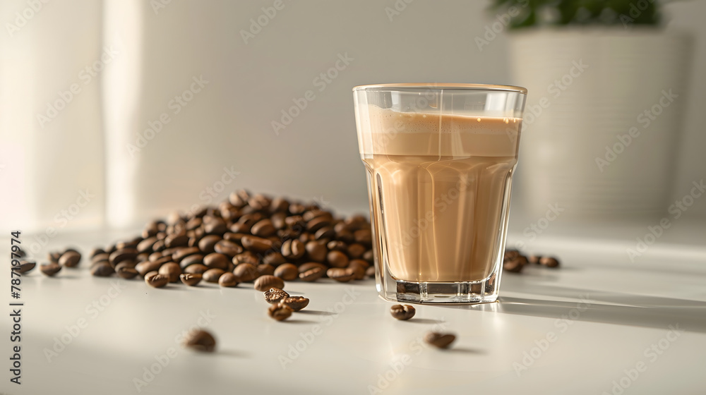 Poster close up of double glass cup of fresh latte coffee with coffee beans on white table and copy space :