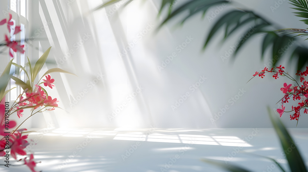 Poster abstract white studio background for product presentation empty room with shadows of window and flow