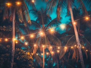 tropical summer night with palm trees and hanging strings of light 