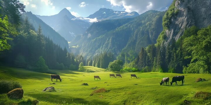 A tranquil image showing cows grazing in a lush green meadow surrounded by majestic mountains and a clear sky