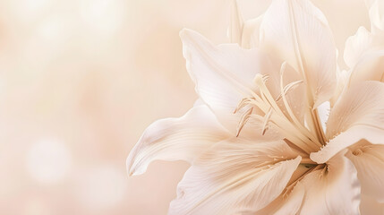 Close up white beige  lily flower natural floral background pastel color with copy space Natural...