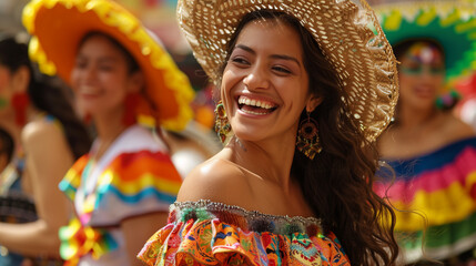 Woman in vibrant traditional Mexican attire smiling. - obrazy, fototapety, plakaty