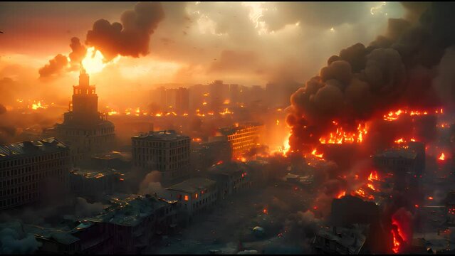 A postapocalyptic cityscape engulfed in flames, with towering skyscrapers and buildings standing as the last remnants of civilization after an apocalypse