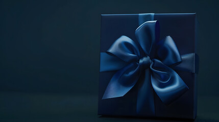 small Luxury gift box with a blue bow on dark blue Side view monochrome  Fathers day or Valentines day gift for him Corporate gift concept or birthday party Festive sale copy space : Generative AI