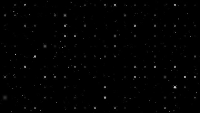 Template animation of evenly spaced zodiac pisces symbols of different sizes and opacity. Animation of transparency and size. Seamless looped 4k animation on black background with stars