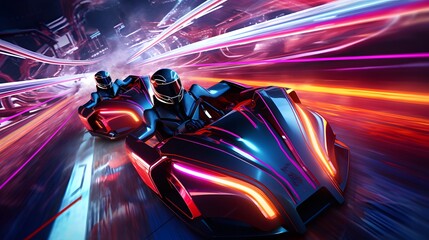 Attend a futuristic racing arena tugether party with AI-generated vehicles, futuristic tracks, and high-speed competition in a celebration of adrenaline-fueled excitement