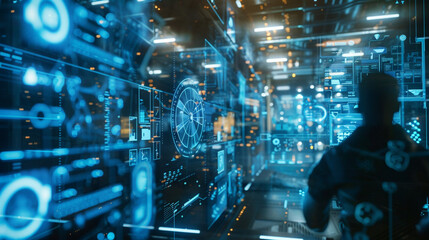 A captivating scene of an engineer analyzing data on a futuristic holographic interface.