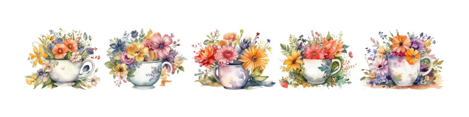 Watercolor cup with flowers. Flower bouquet. 