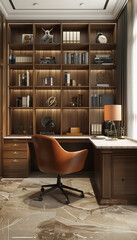 Stylish home office interior with a spacious desk, ergonomic chair, and shelves lined with books, creating an inspiring workspace for productivity,