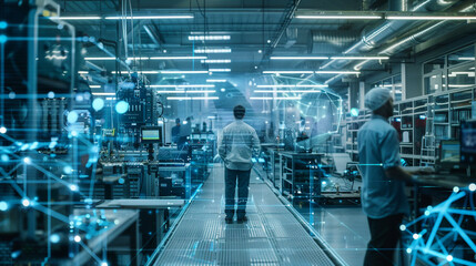 A captivating scene of an engineer in a futuristic smart factory with digital data
