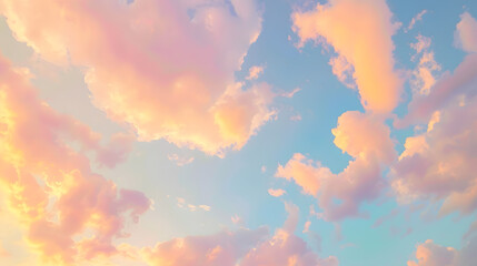 Clear blue sky glowing pink and golden cirrus and cumulus clouds after storm soft sunlight Dramatic sunset cloudscape Meteorology heaven peace graphic resources picturesque panoramic s : Generative AI - obrazy, fototapety, plakaty