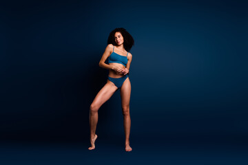 Fototapeta na wymiar No filter photo of pretty cute lady underwear lingerie accepting stretching marks skin empty space isolated blue color background