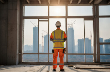 Foreman, engineer or architect with safety helmet holding blueprints for inspection details on construction in construction site