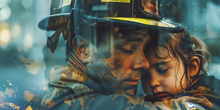 double exposure of a father hardworking in the fireman, fathers day, aspect ratio 2:1