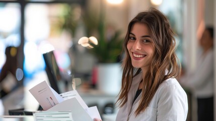A multitasking receptionist wearing a bright smile expertly balancing several documents in her arms while assisting a customer at the front desk. . - obrazy, fototapety, plakaty