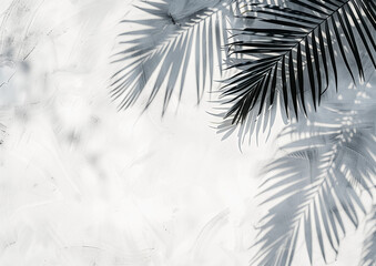 Obraz premium Abstract shadows of palm leaves create captivating patterns on a white concrete wall background, presented in a flat lay composition. This image embodies a summer concept, offering ample copy space 