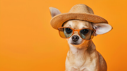 Portrait of Cute Chihuahua in Stylish Glasses, Summer Hat on Orange background ,Funny purebred dog in sunglasses on a yellow background ,A purebred German Spitz dog is sunbathing in glasses - obrazy, fototapety, plakaty