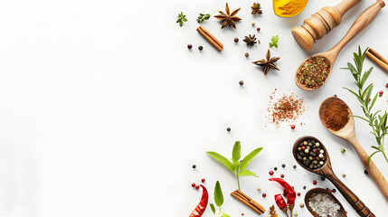 Food background with spices herbs and utensil on white background : Generative AI