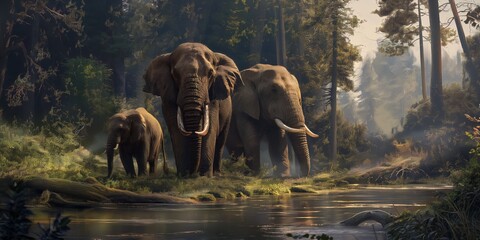 A photorealistic portrayal of a family of elephants in a misty, serene forest environment, evoking a sense of tranquility and nature's beauty