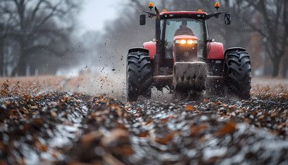 Red tractor plowing wet farmland with mud splatter in a rural landscape. Agriculture and farming concept for design and editorial use - obrazy, fototapety, plakaty
