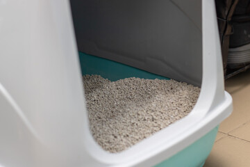 Close up of a litter box with fluidfilled cat litter