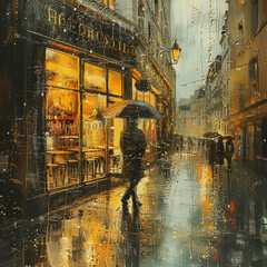 A painting of a rainy city street with a person walking under an umbrella