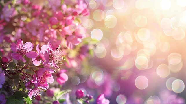 A branch of pink flowers with a blurred background of light.

