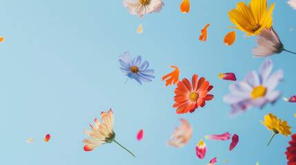 Colorful flowers and petals flying through the air against a blue background. Minimal spring background. Web banner with copyspace advertising inspired