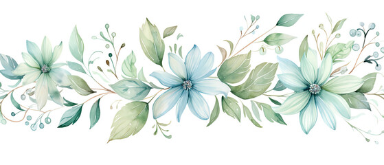 Fototapeta premium a watercolor painting of a blue flower and green leaves